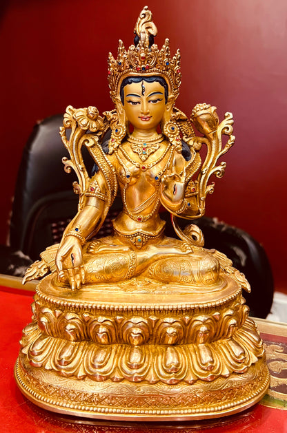 White Tara 25cm Fully Gilded Hand-Carved Copper Statue with Double Lotus Throne – Exquisite Expression Masterwork Himalayan Art Nepal