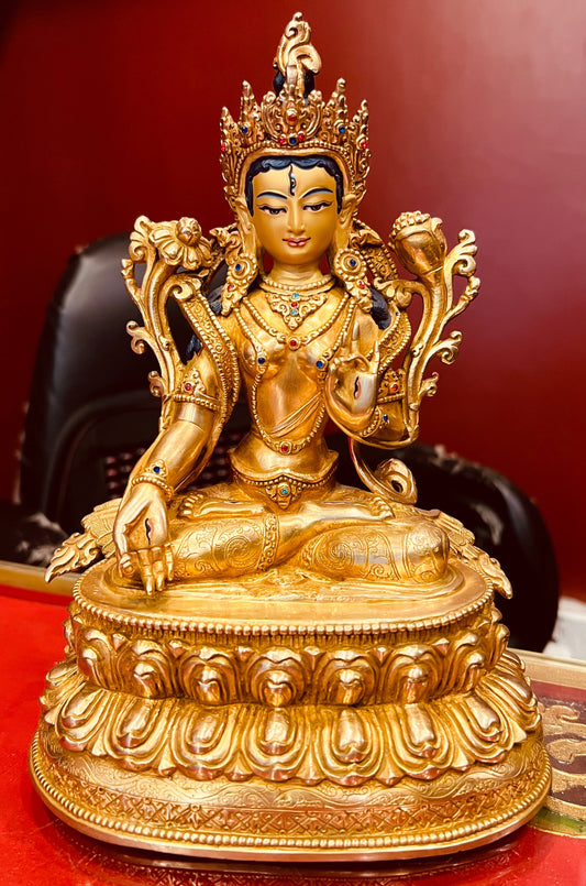 White Tara 25cm Fully Gilded Hand-Carved Copper Statue with Double Lotus Throne – Exquisite Expression Masterwork Himalayan Art Nepal | Bo Tree Arts