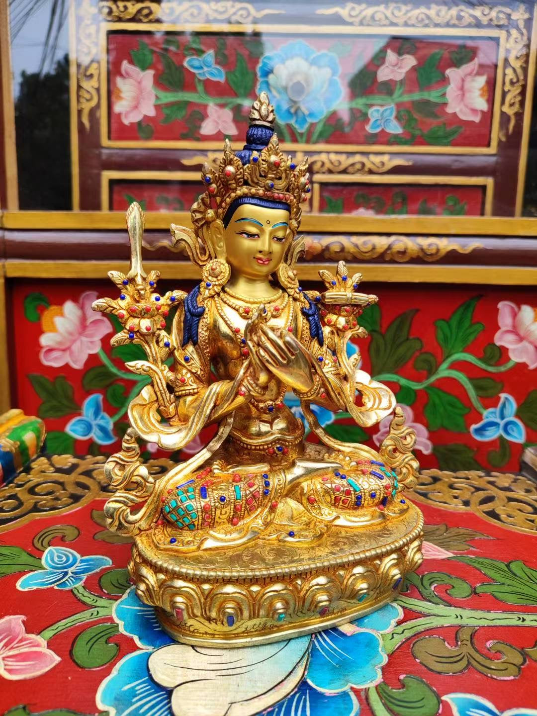 White Manjushri (Sita Manjushri) Wisdom Bodhisattva Statue 23cm / 9" Hand-Carved Copper Gilded – Himalayan Art Nepal – Handmade Tibetan Buddhist Statue, Lost-Wax Cast Himalayan Art from Nepal