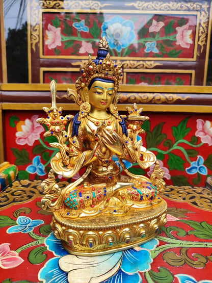 White Manjushri (Sita Manjushri) Wisdom Bodhisattva Statue 23cm / 9" Hand-Carved Copper Gilded – Himalayan Art Nepal