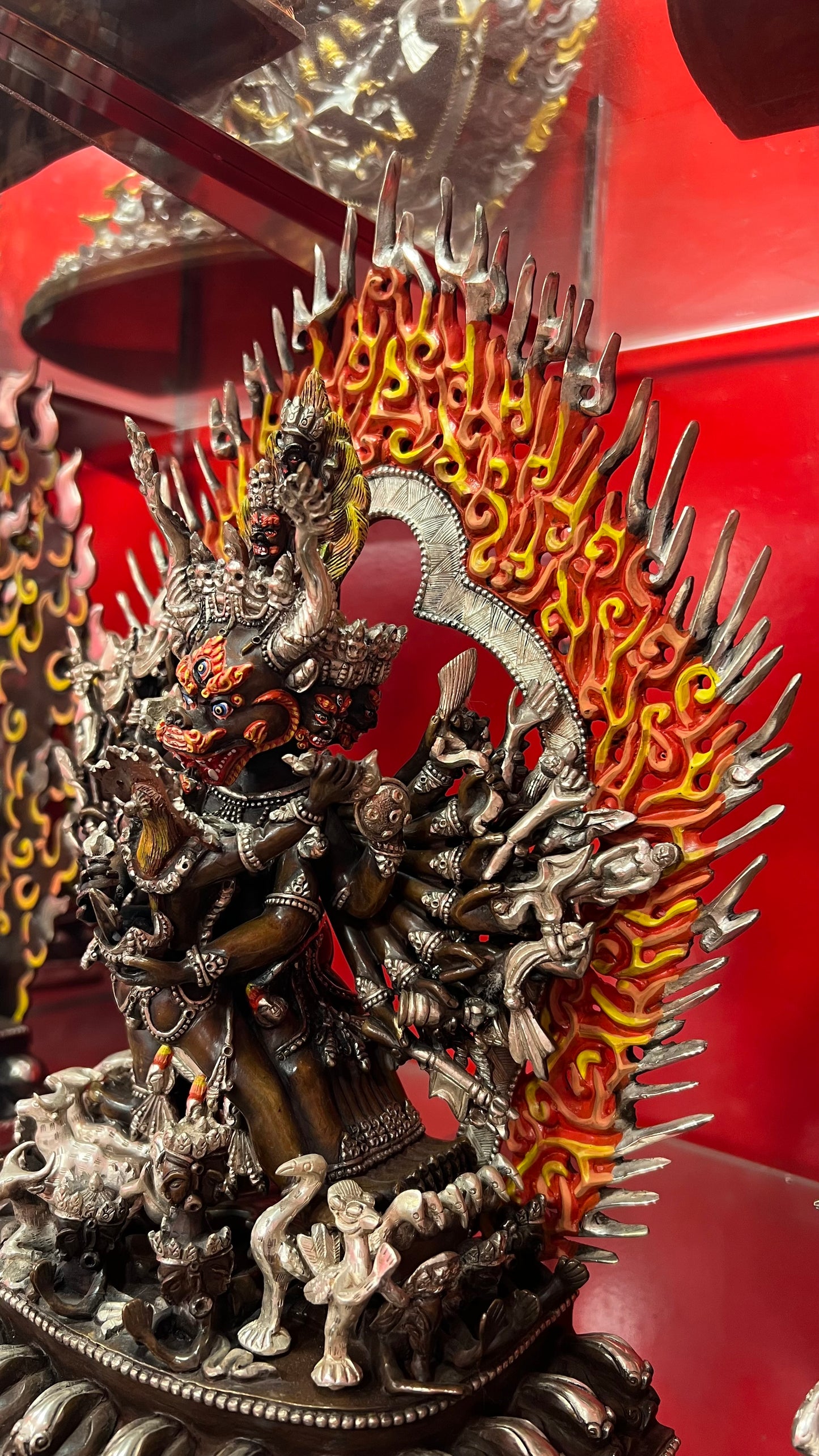 Yamantaka Buddha Statue 37cm / 14.6" Hand-Carved Copper Silver-Gilt & Painted – Vajrabhairava Traditional Himalayan Art – Handmade Tibetan Buddhist Statue, Lost-Wax Cast Himalayan Art from Nepal