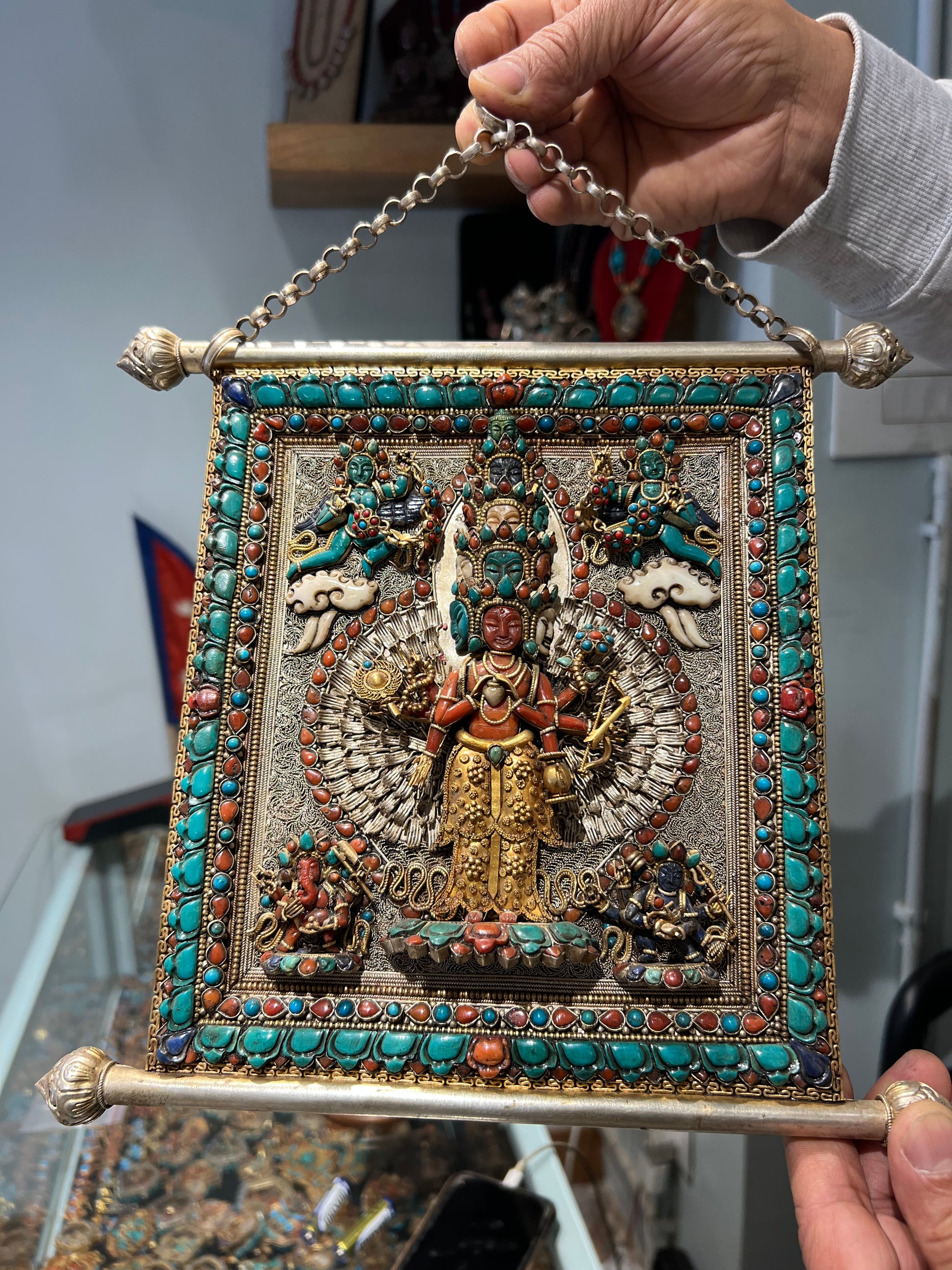 Thousand-Armed Avalokiteshvara Thangka 25cm / 9.8" x 23cm / 9" (31cm / 12.2" with chain) – Silver & Turquoise Inlay Botree Arts Collection | Bo Tree Arts