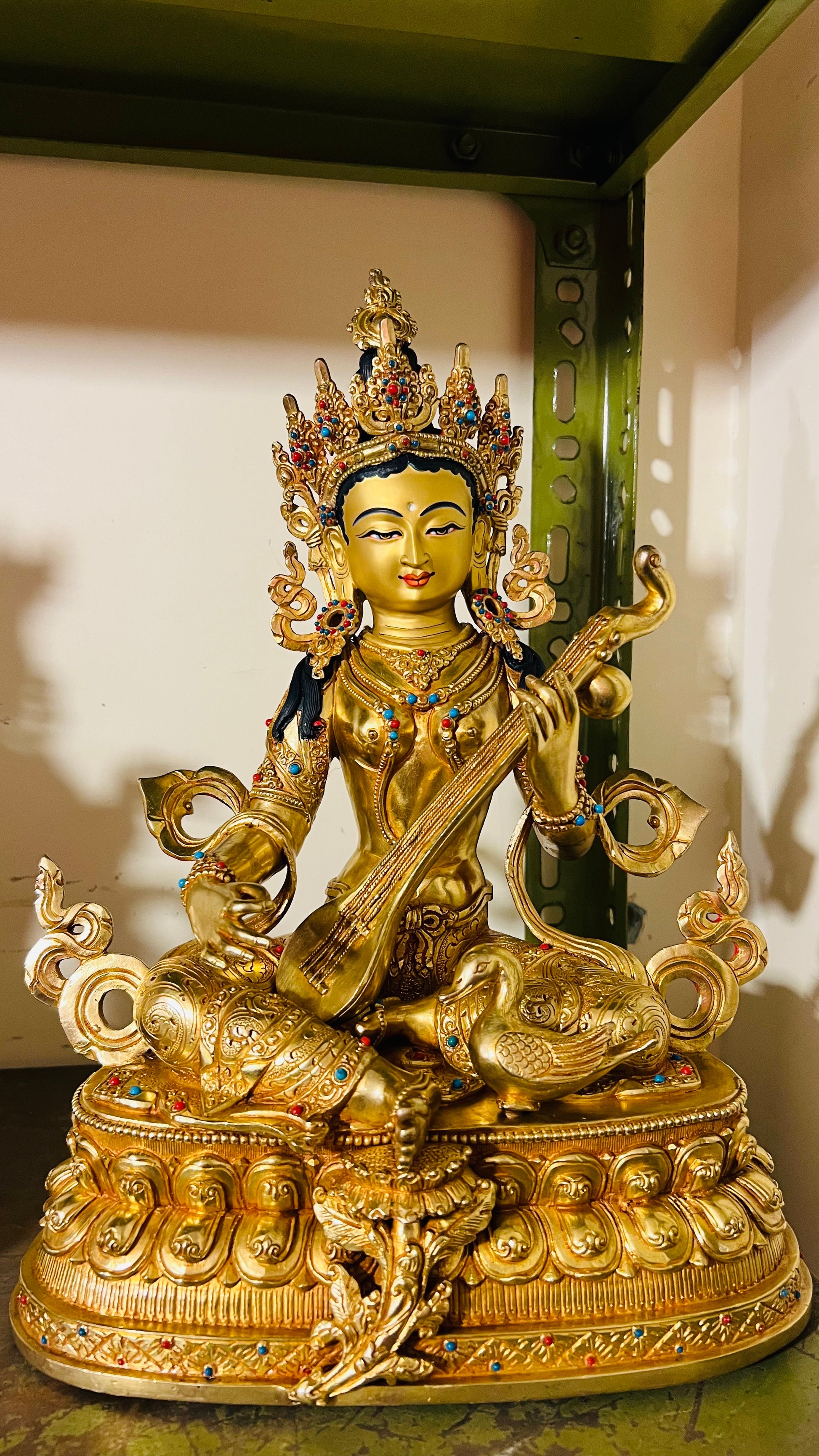 Saraswati / Yangchenma Hand-Carved Copper Gilded Statue with Gemstone Inlay 33cm / 13" – Double Lotus Throne Masterwork Nepal | Bo Tree Arts