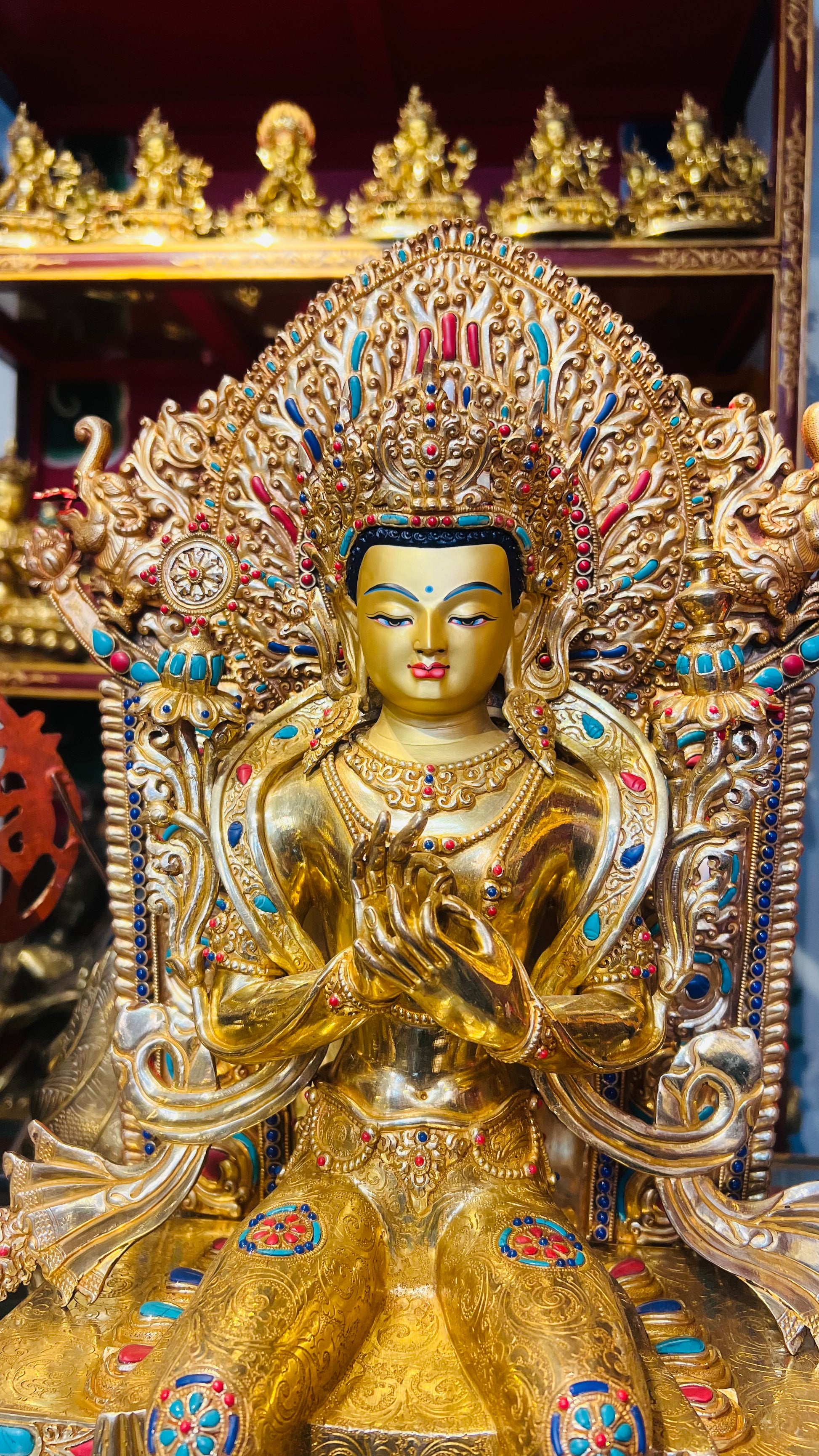 45cm Gilded Maitreya Buddha Statue with Crown – Handmade Copper Sculpture, Tibetan Style Future Buddha Art from Nepal | Bo Tree Arts