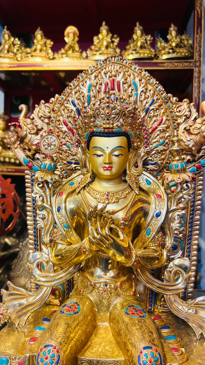 45cm Gilded Maitreya Buddha Statue with Crown – Handmade Copper Sculpture, Tibetan Style Future Buddha Art from Nepal
