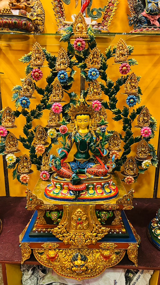 98cm Set of 21 Taras Statues with Main Buddha 45cm Hand-Carved Copper Gilded Painted with Vajrasana Throne & Mandorla – Tibetan Style Masterwork Himalayan Art Nepal | Bo Tree Arts