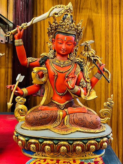 Manjushri Five Deities Set Buddha Statues 34cm / 13.4" Hand-Carved Copper Painted with Gilded Accents – Shakya Clan Masterwork Nepal