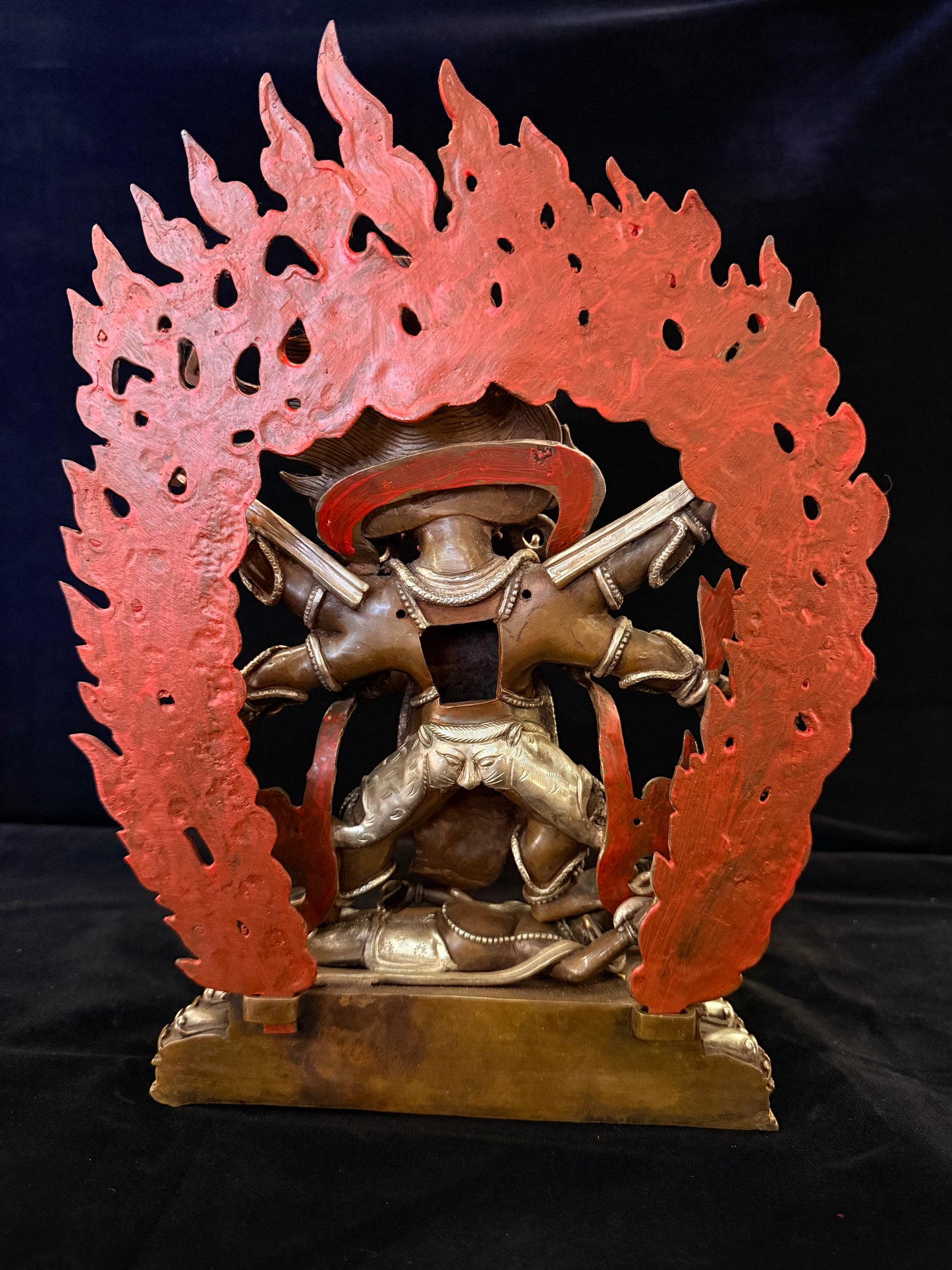 Six-Armed Mahakala Statue 33cm / 13" Hand-Carved Copper Silver-Gilt with Painted Mandorla – Shadbhuja Botree Arts Himalayan Art – Handmade Tibetan Buddhist Statue, Lost-Wax Cast Himalayan Art from Nepal