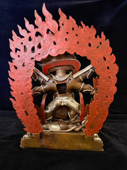 Six-Armed Mahakala Statue 33cm / 13" Hand-Carved Copper Silver-Gilt with Painted Mandorla – Shadbhuja Botree Arts Himalayan Art