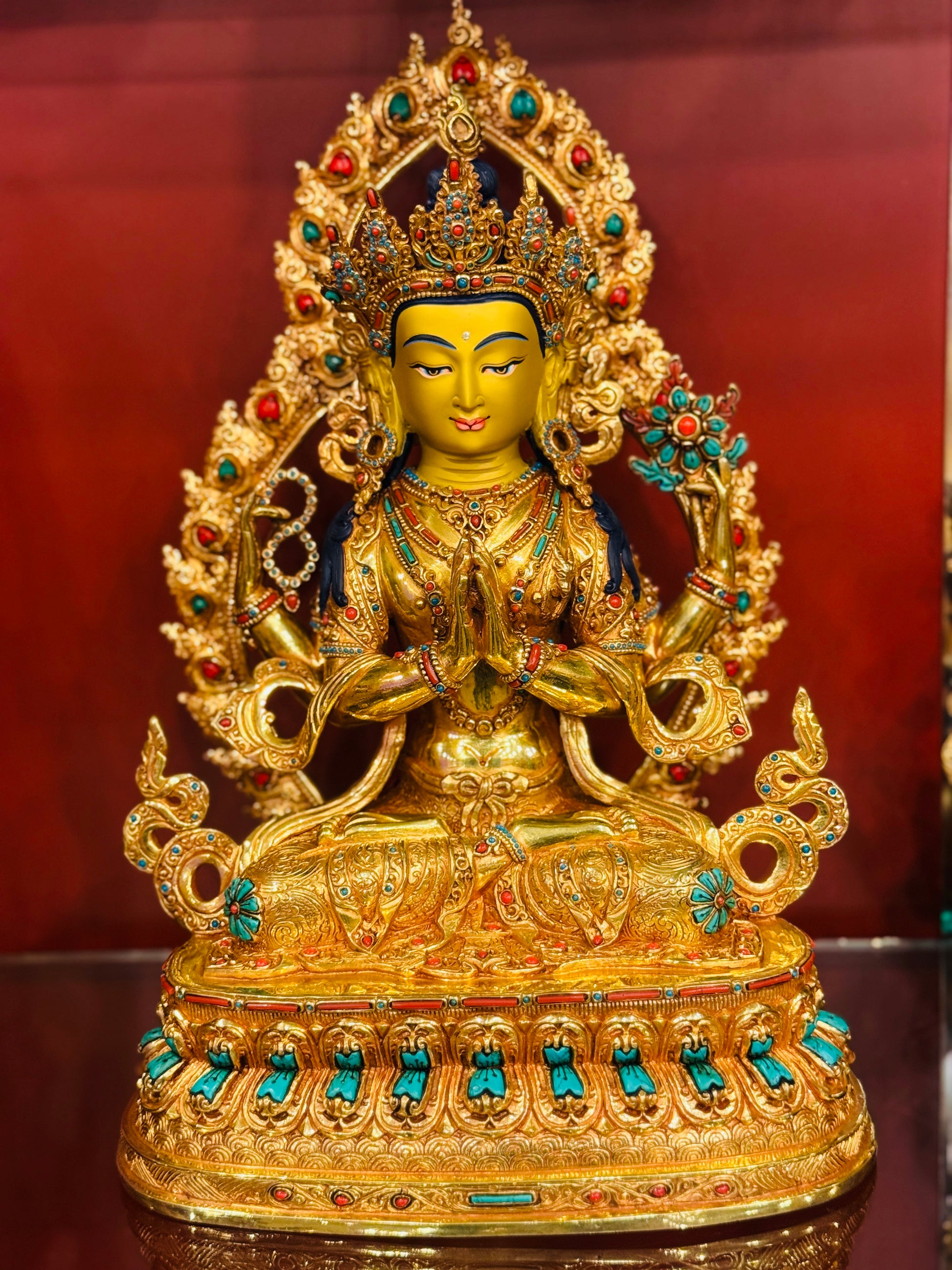 Chenrezig Buddha Statue 35cm / 13.8" Hand-Carved Copper Gilded with Gemstone Inlay & Mandorla – Four-Armed Avalokiteshvara Masterwork Handmade in Nepal | Bo Tree Arts