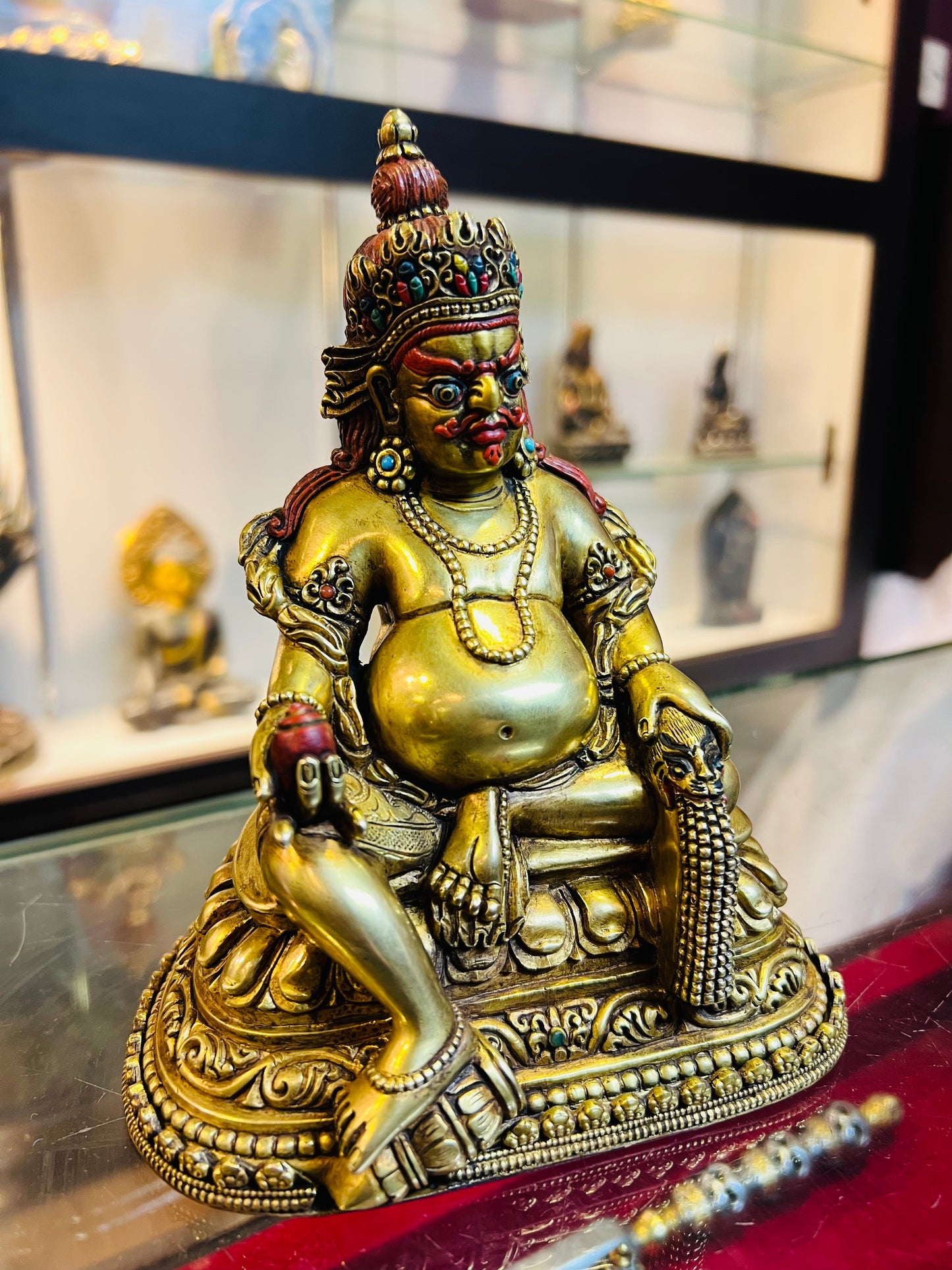 Yellow Jambhala Buddha Statue 17cm / 6.7" Hand-Carved Copper Gilded – Dzambhala Botree Arts Himalayan Art – Handmade Tibetan Buddhist Statue, Lost-Wax Cast Himalayan Art from Nepal