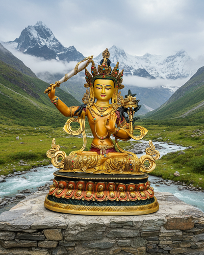 Manjushri Buddha Statue 33cm / 13" Hand-Carved Copper Painted – Ancient Technique Masterwork Himalayan Art Nepal