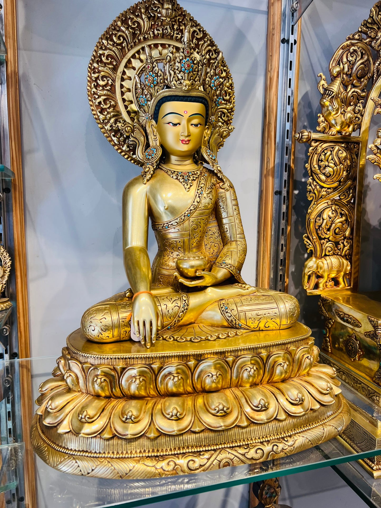 Shakyamuni Buddha Statue 40cm / 15.7" Hand-Carved Copper Gilded with Mandorla – Historical Buddha Botree Arts Himalayan Art – Handmade Tibetan Buddhist Statue, Lost-Wax Cast Himalayan Art from Nepal