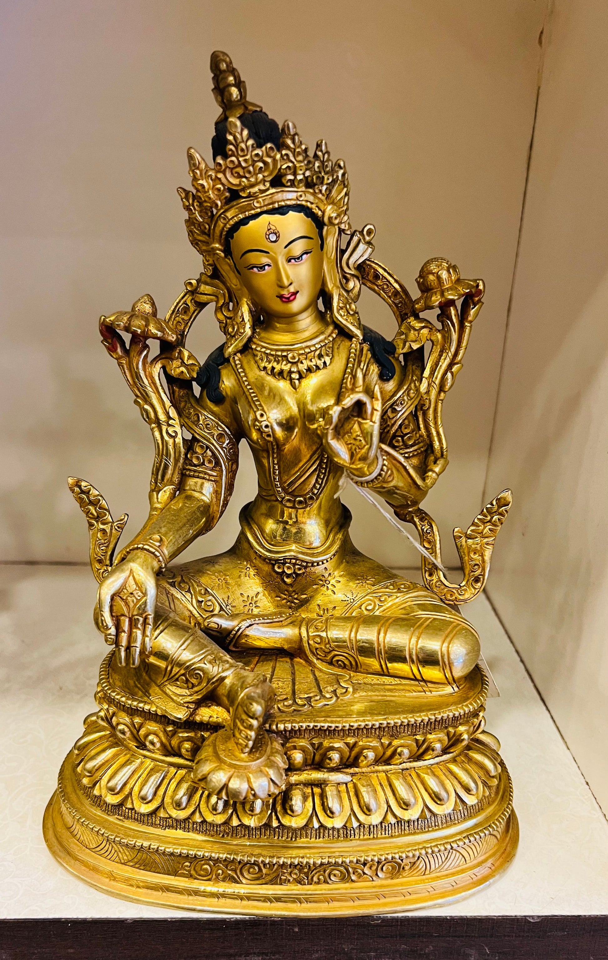 Green Tara Buddha Statue 25cm / 9.8" Hand-Carved Copper Gilded with Double Lotus Throne – Mother of Liberation Masterwork Himalayan Art Nepal | Bo Tree Arts
