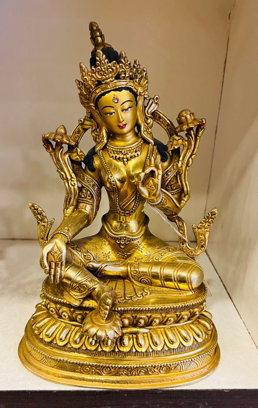 Green Tara Buddha Statue 25cm / 9.8" Hand-Carved Copper Gilded with Double Lotus Throne – Mother of Liberation Masterwork Himalayan Art Nepal | Bo Tree Arts
