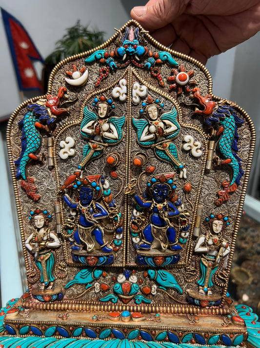 Gau Shrine 29.5cm / 11.6” x 25cm / 9.8” x 10cm / 3.9” Handcrafted with Turquoise & Lapis Lazuli – Portable Ritual Shrine Botree Arts Collection | Bo Tree Arts