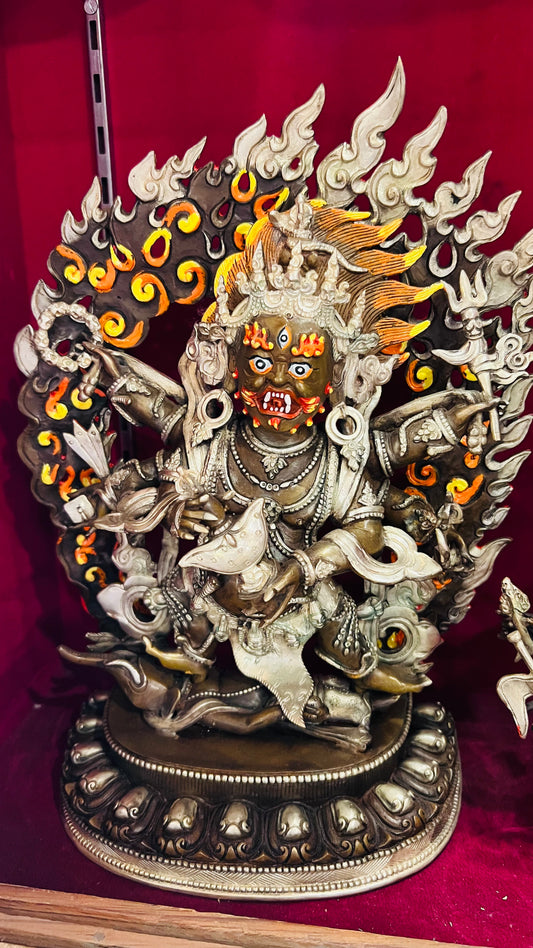 Six-Armed Mahakala Statue 33cm / 13" Hand-Carved Copper with Silver-Gilt & Painted Finish – Shadbhuja Protector Masterwork Nepal | Bo Tree Arts