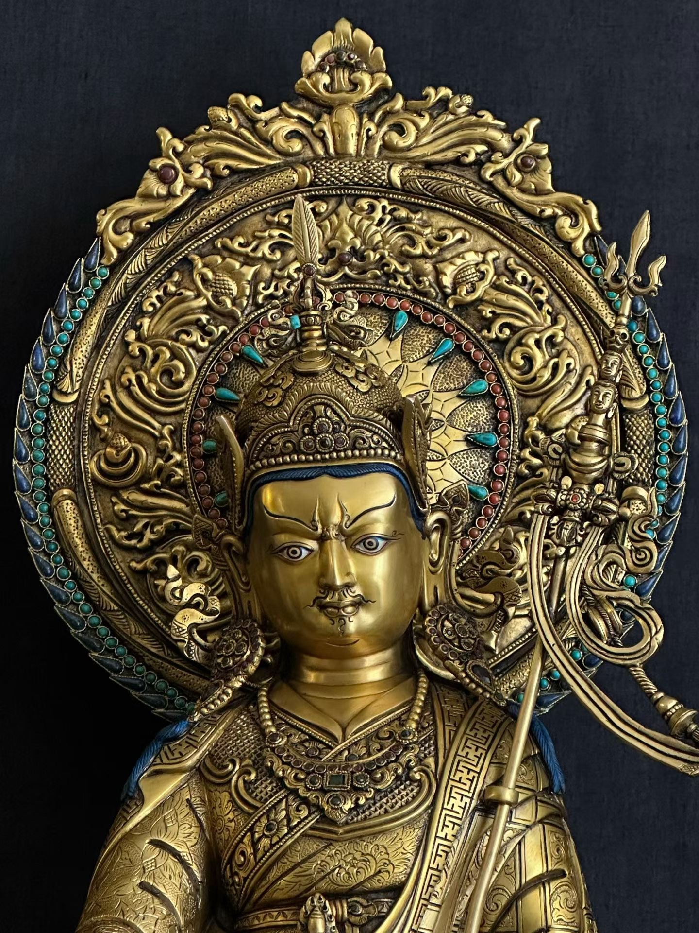 Padmasambhava (Guru Rinpoche) Buddha Statue  (48cm / 18.9" with Mandorla) Hand-Carved Copper with Gold-Gilded Face – Museum-Quality Rare Himalayan Art Nepal | Bo Tree Arts
