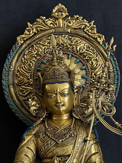Padmasambhava (Guru Rinpoche) Buddha Statue  (48cm / 18.9" with Mandorla) Hand-Carved Copper with Gold-Gilded Face – Museum-Quality Rare Himalayan Art Nepal