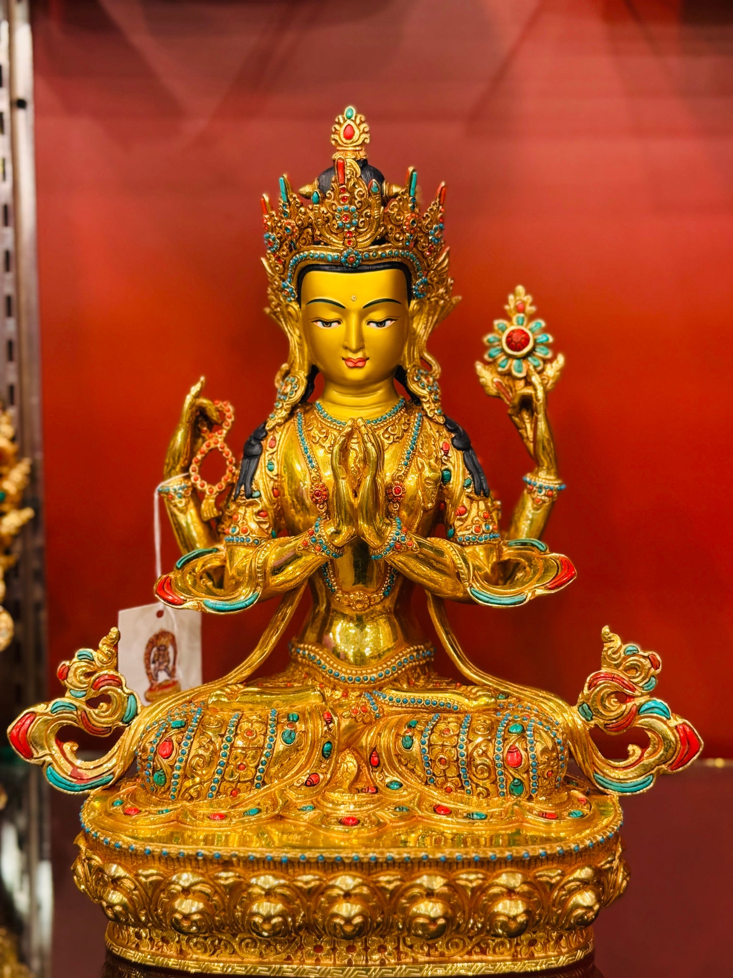 Chenrezig Buddha Statue 33cm / 13" Hand-Carved Copper Gilded with Gemstone Inlay – Botree Arts – Handmade Tibetan Buddhist Statue, Lost-Wax Cast Himalayan Art from Nepal