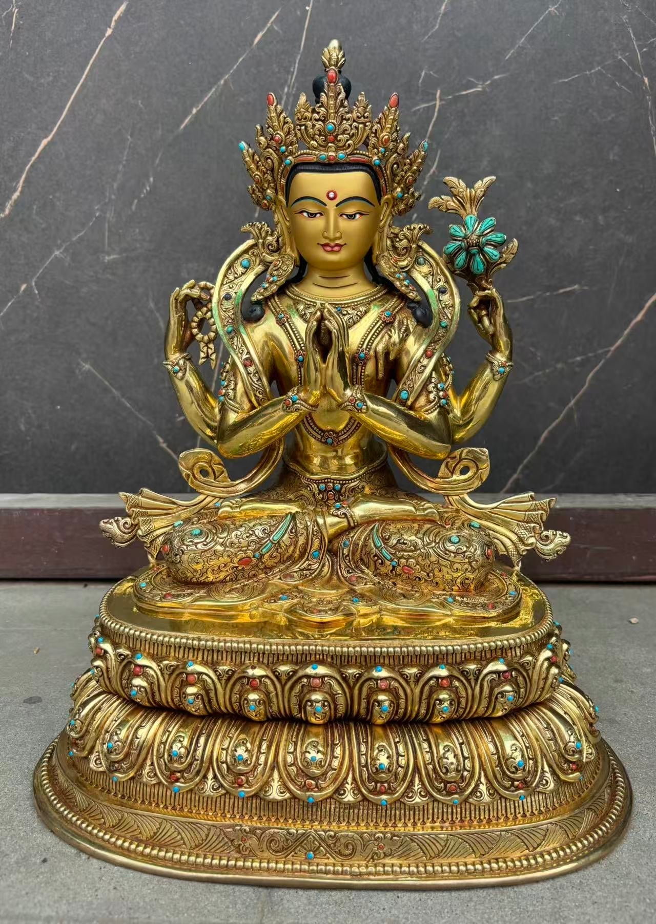 Chenrezig Buddha Statue 40cm / 15.7" Hand-Carved Copper Gilded – Four-Armed Avalokiteshvara Manjushri Handmade in Nepal – Handmade Tibetan Buddhist Statue, Lost-Wax Cast Himalayan Art from Nepal