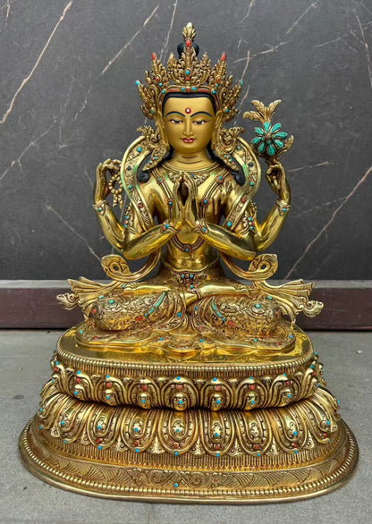 Chenrezig Buddha Statue 40cm / 15.7" Hand-Carved Copper Gilded – Four-Armed Avalokiteshvara Manjushri Handmade in Nepal