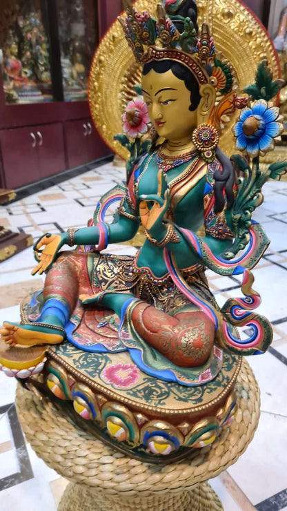 48cm Green Tara Statue Hand-Carved Copper Gilded & Painted – Serene Expression Tibetan Style Bodhisattva Masterwork Nepal