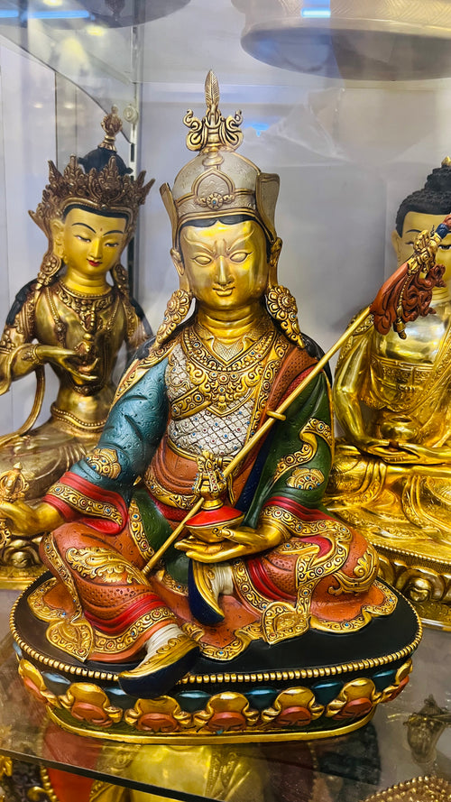 Padmasambhava Buddha Statue 33cm / 13" Hand-Carved Copper Gilded – Guru Rinpoche Himalayan Art Masterwork Nepal