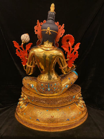 Green Tara (Mother of Liberation) Buddha Statue 86cm / 33.9" Hand-Carved Copper Gilded Himalayan Art Nepal