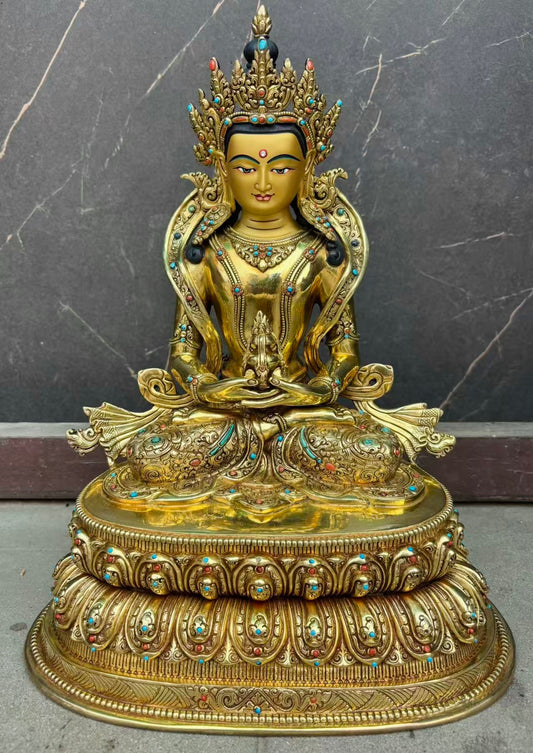Amitayus Buddha Statue 40cm / 15.7" Hand-Carved Copper Gilded – Tsepame Long-Life Deity Handmade in Nepal | Bo Tree Arts