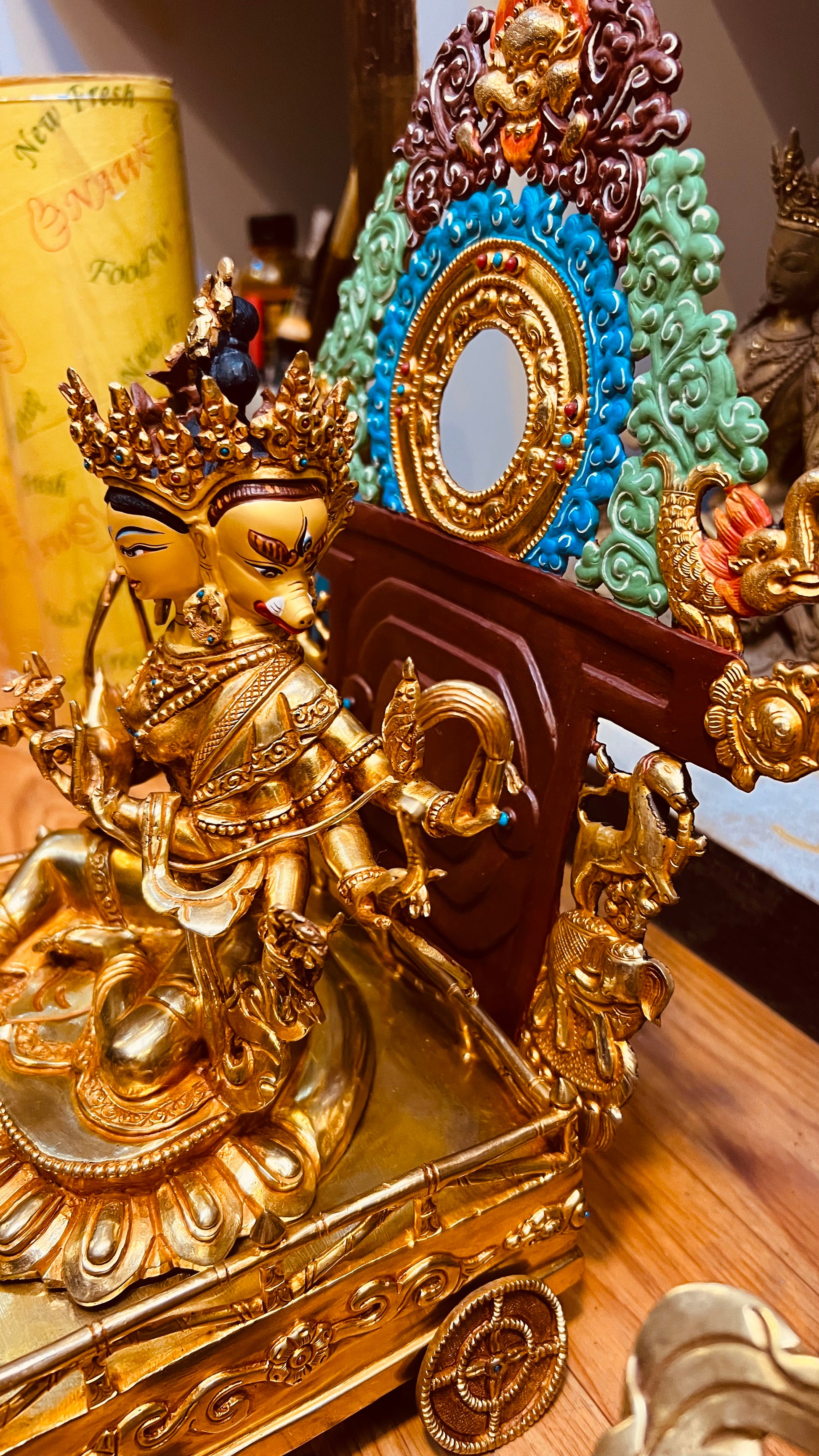 Marichi Buddha Statue 33cm / 13" Hand-Carved Copper Gilded with Mandorla – Light Goddess with Chariot Masterwork Sculpture | Bo Tree Arts