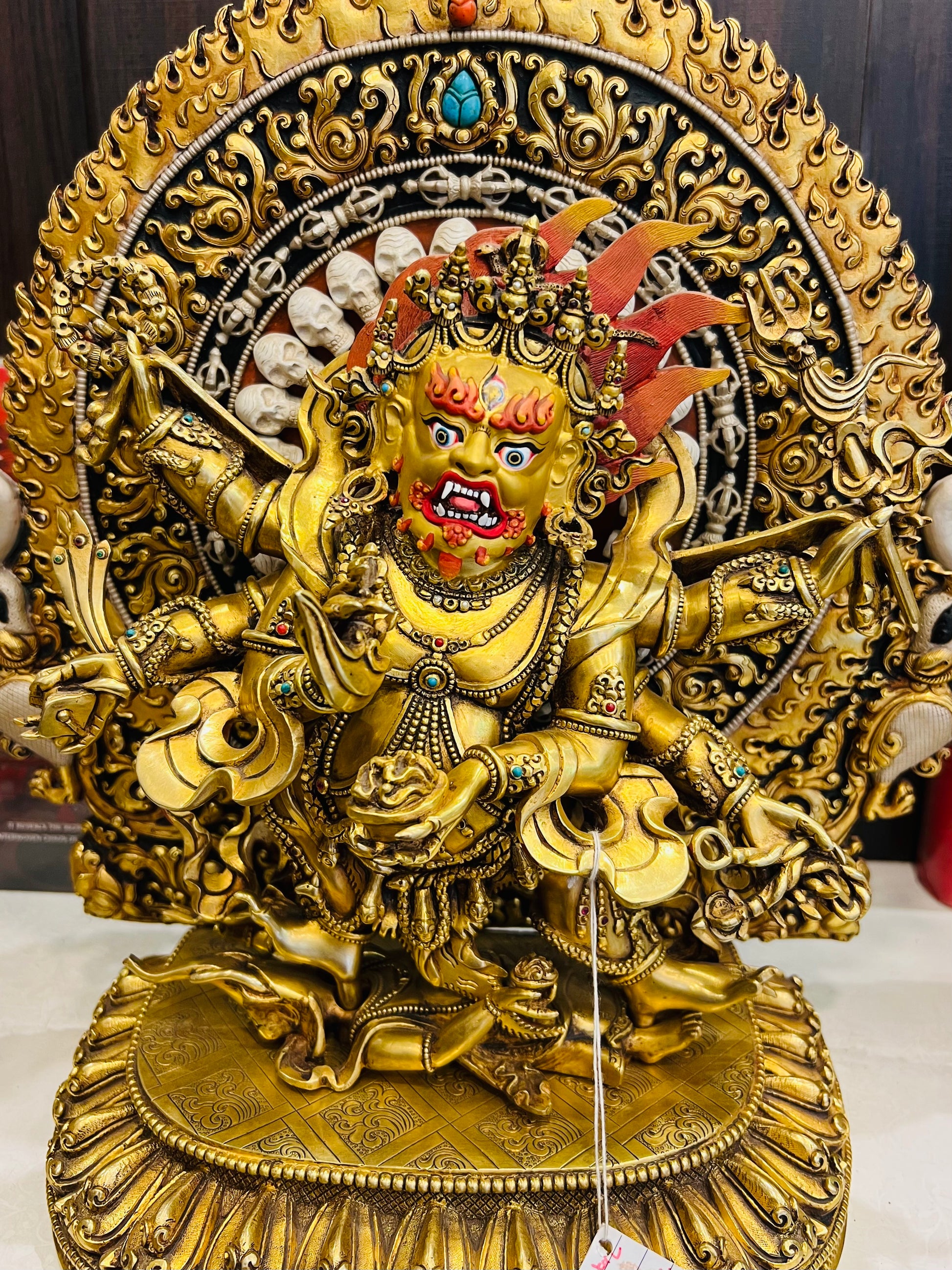 Six-Armed Mahakala (Great Black Protector) Statue 33cm / 13" Hand-Carved Copper Gilded with Mandorla – Masterwork Himalayan Art Nepal | Bo Tree Arts