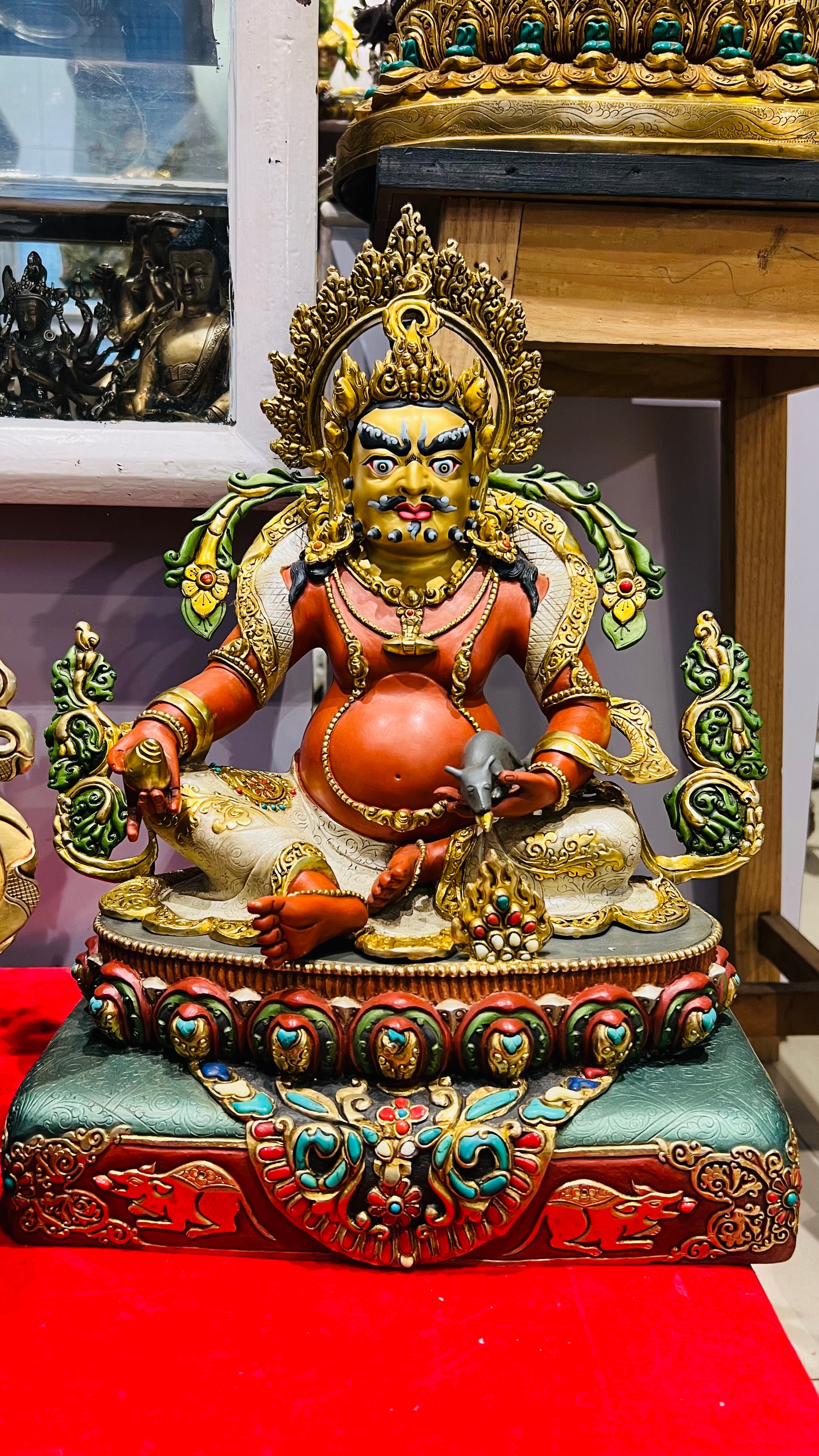 38cm Yellow Jambhala Statue Hand-Carved Copper Painted with Gemstone Inlay & Ornate Throne – Museum-Quality Tibetan Style Wealth Deity Masterwork Nepal | Bo Tree Arts