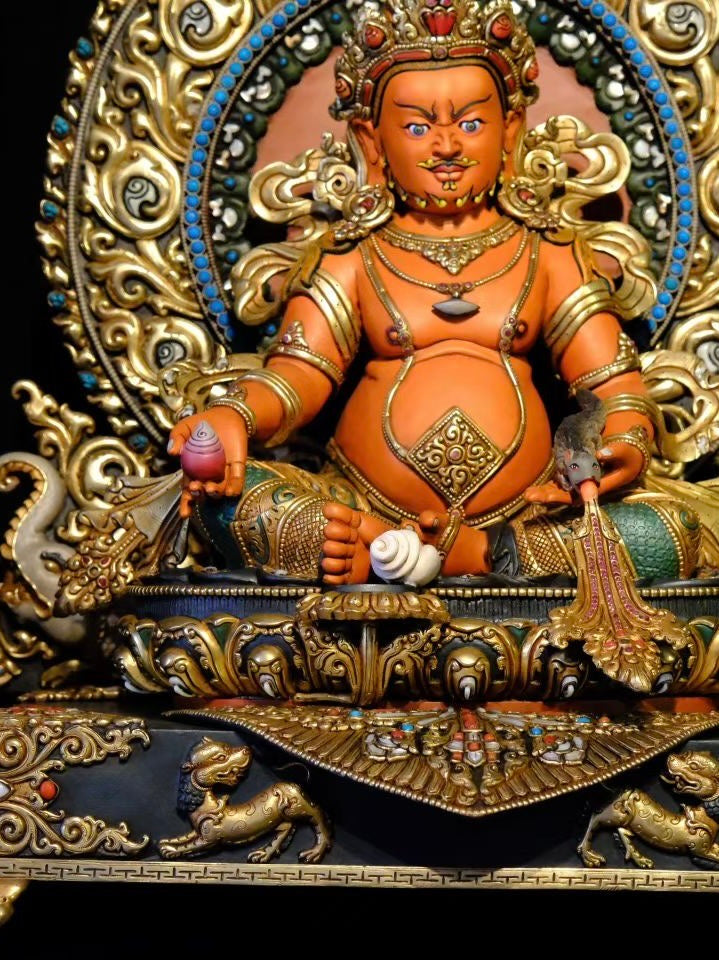 Yellow Jambhala Buddha Statue 58cm / 22.8" Hand-Carved Copper Painted with Gemstone Inlay – Traditional Himalayan Art Collection Nepal – Handmade Tibetan Buddhist Statue, Lost-Wax Cast Himalayan Art from Nepal