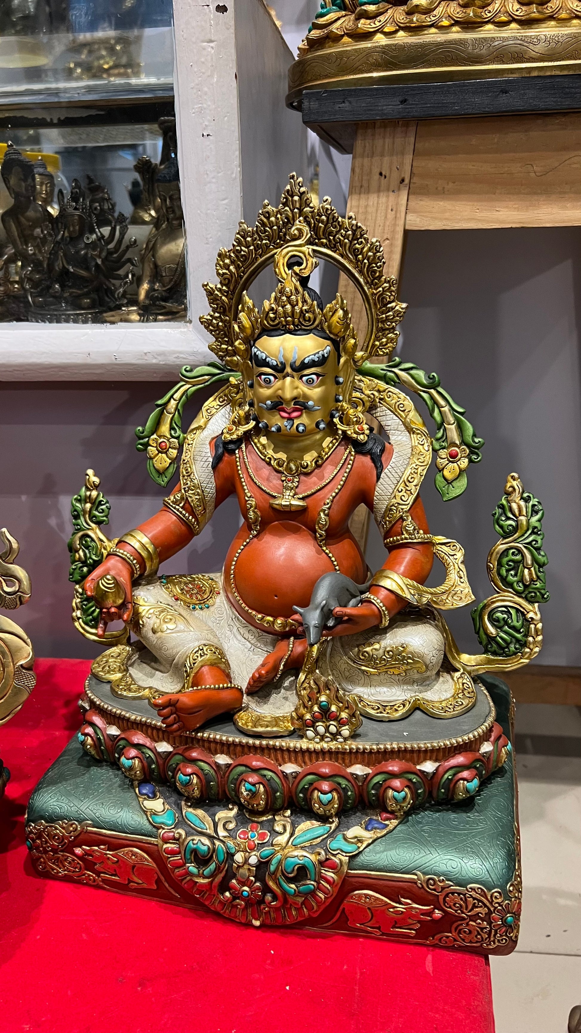 38cm Yellow Jambhala Statue Hand-Carved Copper Painted with Gemstone Inlay & Ornate Throne – Museum-Quality Tibetan Style Wealth Deity Masterwork Nepal | Bo Tree Arts