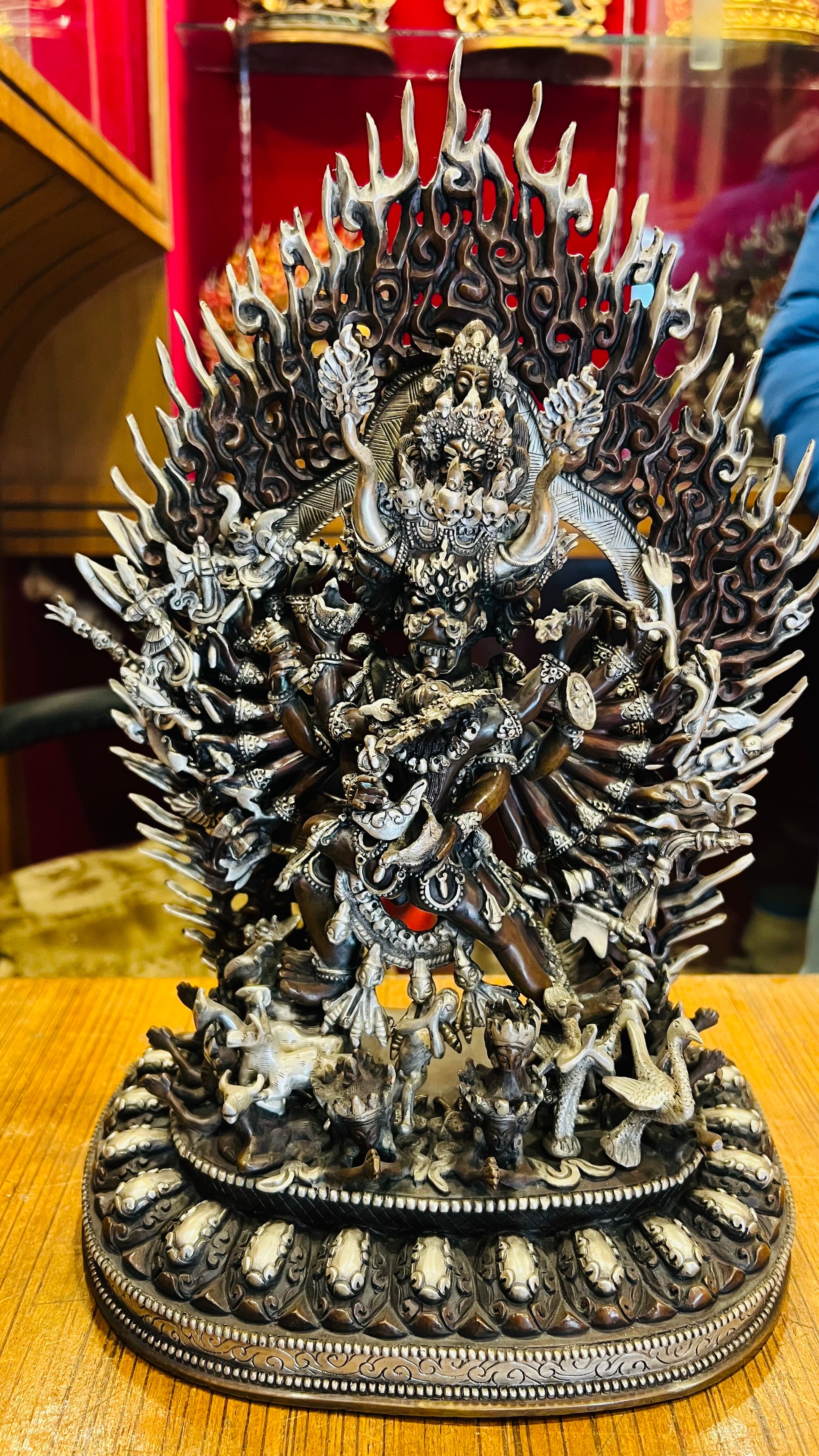 Yamantaka Yab-Yum Statue 37cm / 14.6" Hand-Carved Copper with Silver-Gilt Finish – Vajrabhairava Artisan Masterwork Nepal | Bo Tree Arts