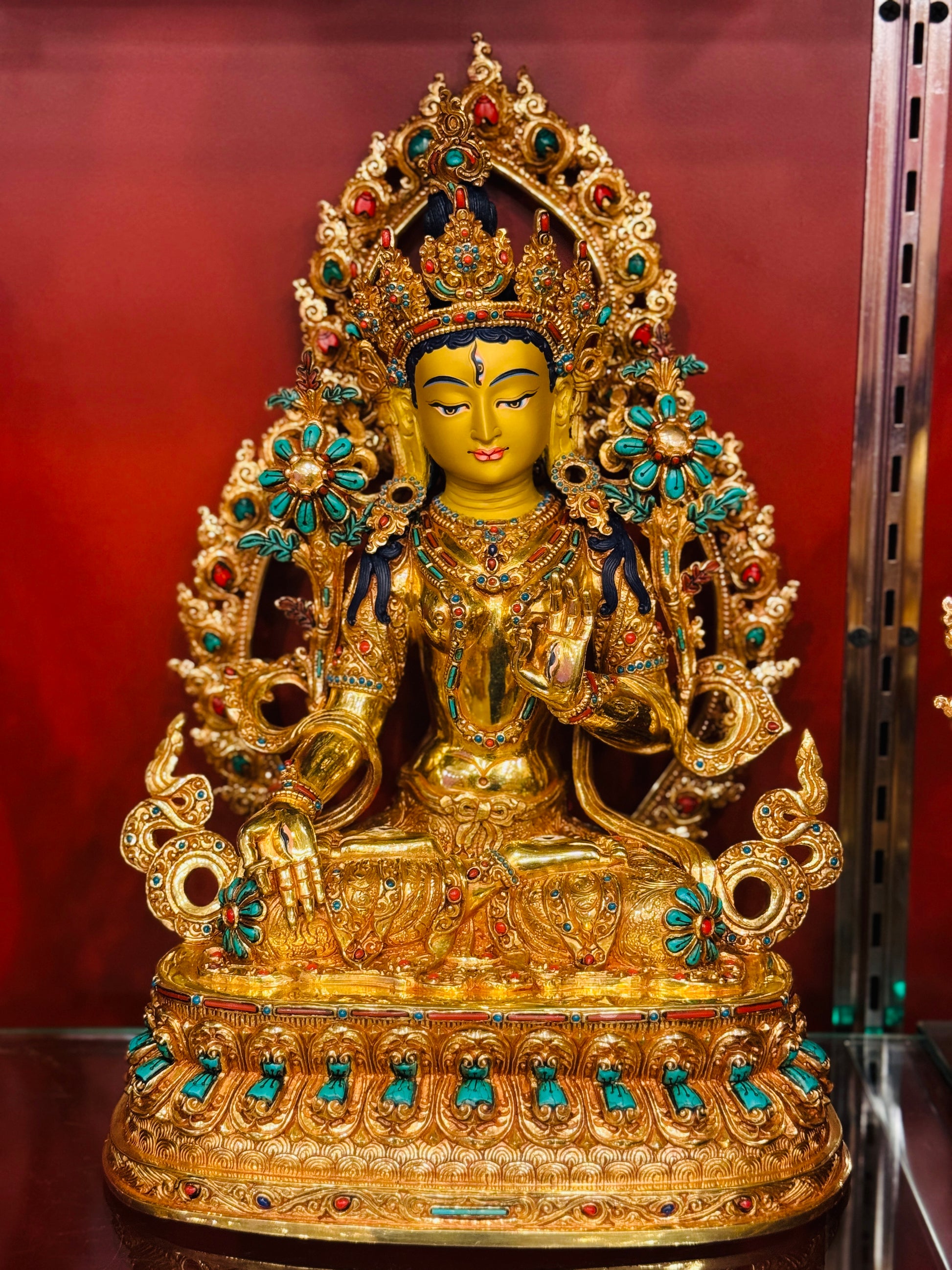 White Tara Buddha Statue 35cm / 13.8" Hand-Carved Copper Gilded with Gemstone Inlay & Mandorla – Mother of Long Life Masterwork | Bo Tree Arts