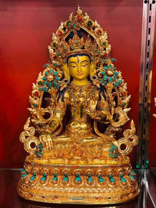 White Tara Buddha Statue 35cm / 13.8" Hand-Carved Copper Gilded with Gemstone Inlay & Mandorla – Mother of Long Life Masterwork | Bo Tree Arts