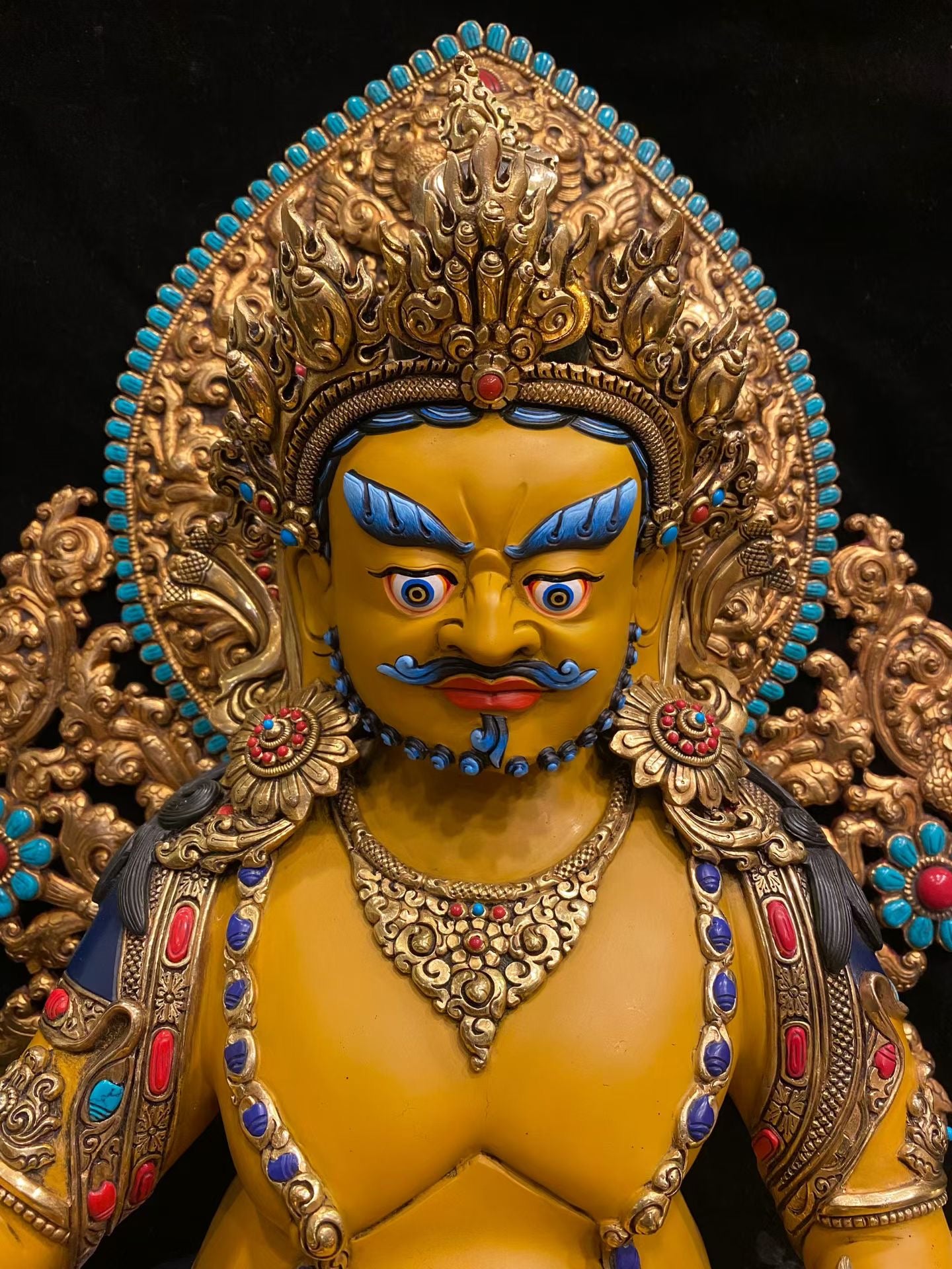 Yellow Jambhala (Wealth Deity) Buddha Statue 55cm / 21.7" Hand-Carved Copper Gilded Painted with Mandorla – Unique Himalayan Art Nepal | Bo Tree Arts