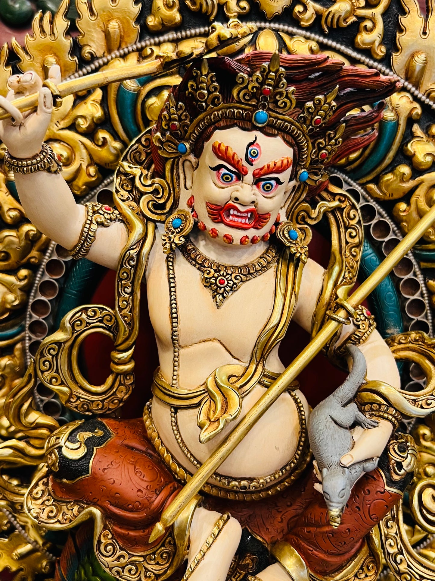 White Jambhala (Wealth Deity) Buddha Statue 45cm / 17.7" Hand-Carved Copper Gilded Painted – Museum-Quality Himalayan Art Nepal – Handmade Tibetan Buddhist Statue, Lost-Wax Cast Himalayan Art from Nepal