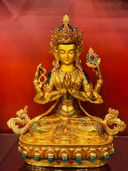 Chenrezig Buddha Statue 33cm / 13" Hand-Carved Copper Gilded with Gemstone Inlay – Serene Expression Masterwork Botree Arts Nepal