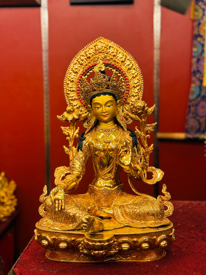 Green Tara Buddha Statue 50cm / 19.7" Hand-Carved Copper Gilded with Gemstone Inlay – Syamatara Botree Arts Nepal