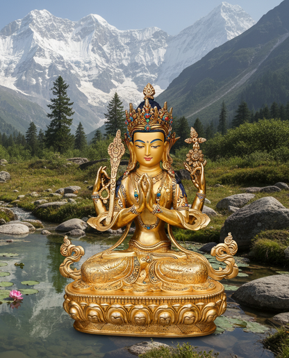 Four-Armed Avalokiteshvara Buddha Statue 33cm / 13" Hand-Carved Copper Gilded – Chenrezig Traditional Masterwork Nepal