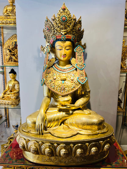 Buddha Shakyamuni Statue 100cm / 39.4" Hand-Carved Copper Gilded – Crowned Historical Buddha Museum-Quality Collection Nepal