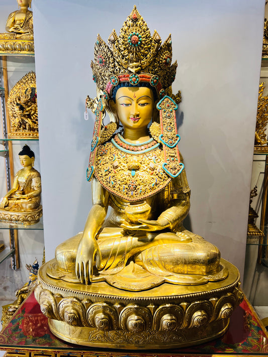 Buddha Shakyamuni Statue 100cm / 39.4" Hand-Carved Copper Gilded – Crowned Historical Buddha Museum-Quality Collection Nepal | Bo Tree Arts