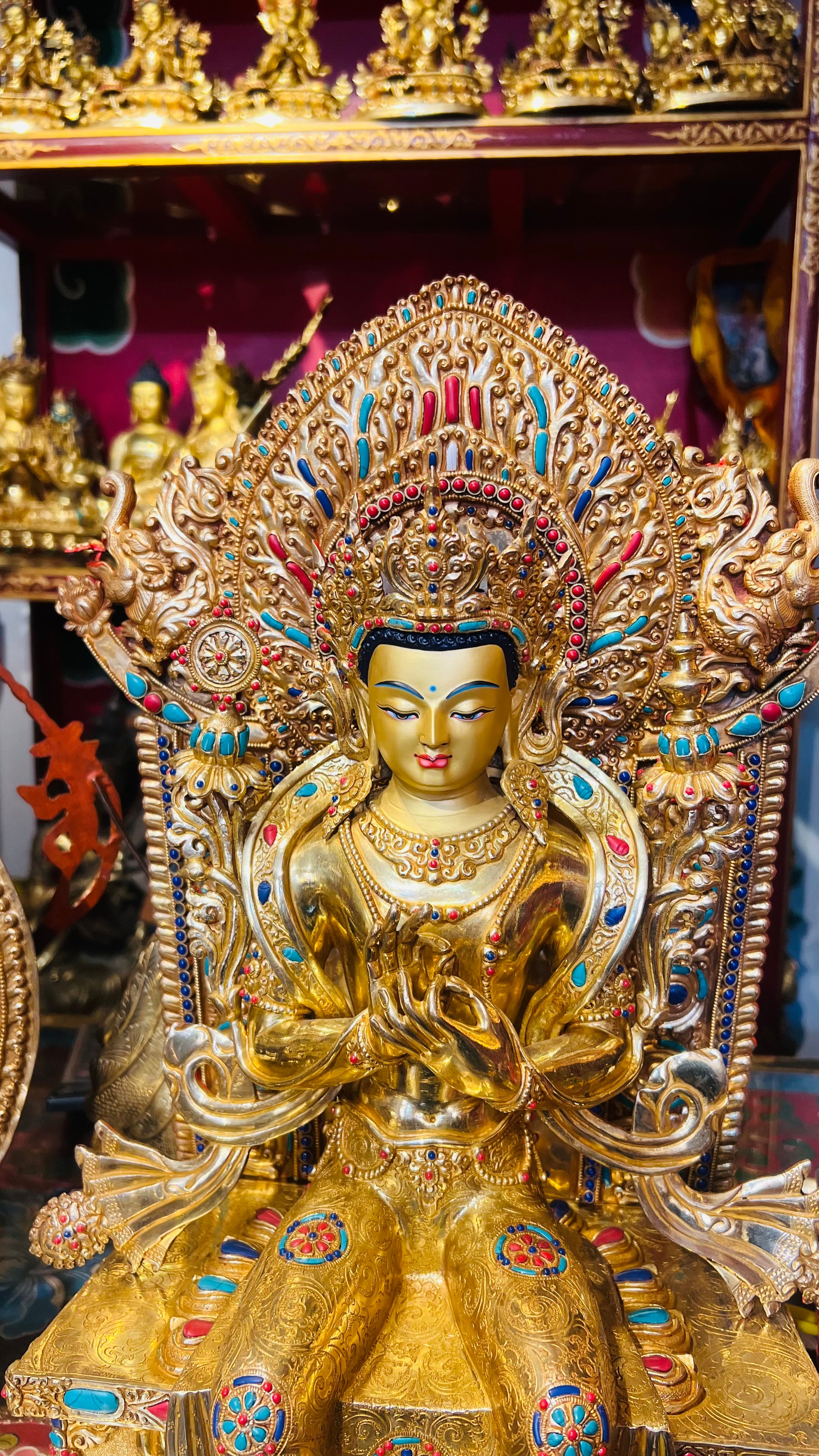 45cm Gilded Maitreya Buddha Statue with Crown – Handmade Copper Sculpture, Tibetan Style Future Buddha Art from Nepal | Bo Tree Arts