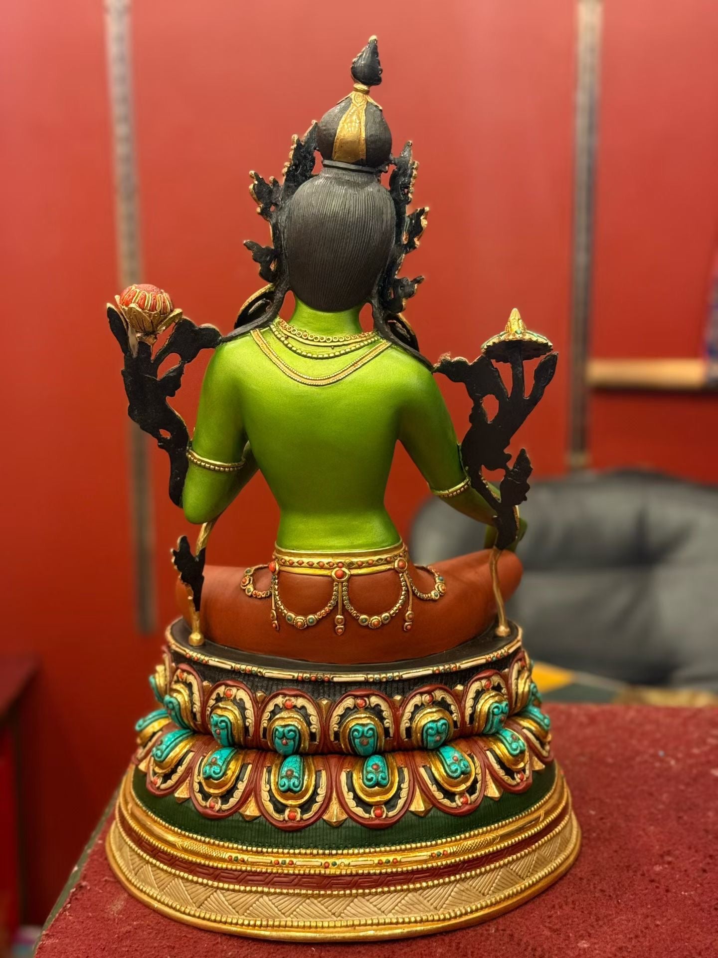 46cm Green Tara Statue Hand-Carved Copper Painted with Gemstone Inlay – Tibetan Buddhist Deity Masterwork Nepal | Bo Tree Arts