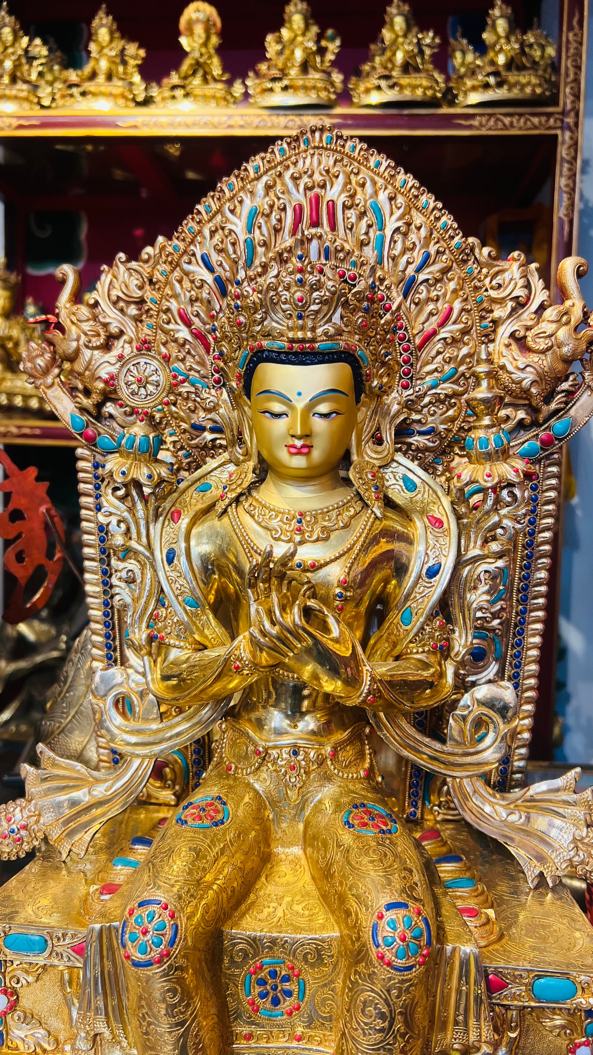45cm Gilded Maitreya Buddha Statue with Crown – Handmade Copper Sculpture, Tibetan Style Future Buddha Art from Nepal | Bo Tree Arts