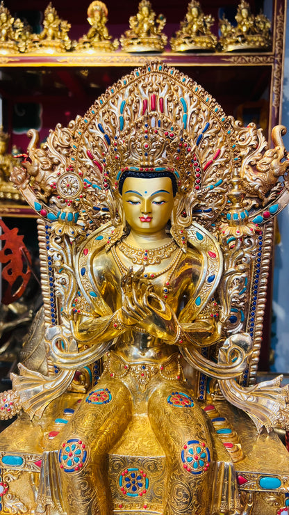 45cm Gilded Maitreya Buddha Statue with Crown – Handmade Copper Sculpture, Tibetan Style Future Buddha Art from Nepal