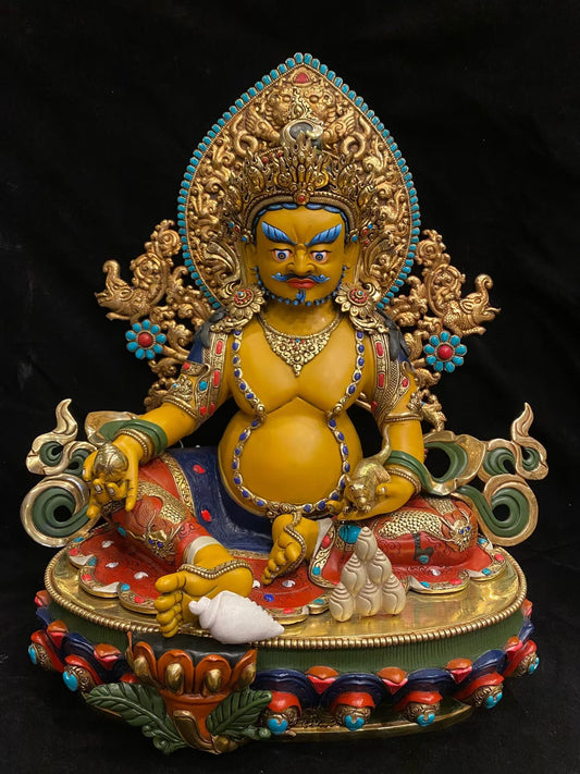 Yellow Jambhala (Wealth Deity) Buddha Statue 55cm / 21.7" Hand-Carved Copper Gilded Painted with Mandorla – Unique Himalayan Art Nepal | Bo Tree Arts
